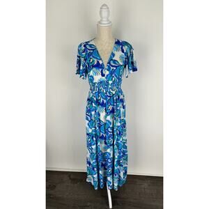 Abel The Label Womens Blue Floral Midi Dress Smocked Waist V Neck Size XS